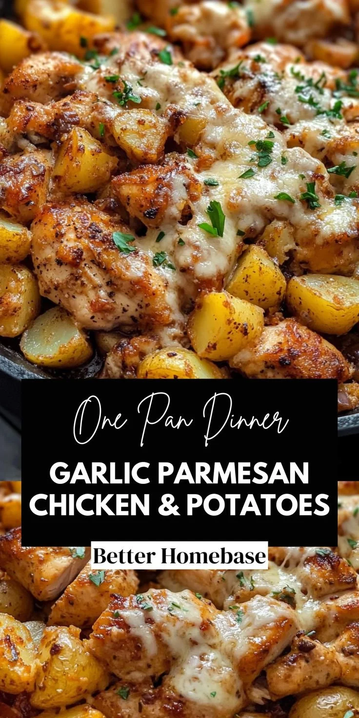 Delicious Garlic Parmesan Chicken with roasted potatoes in a one-pan dinner.