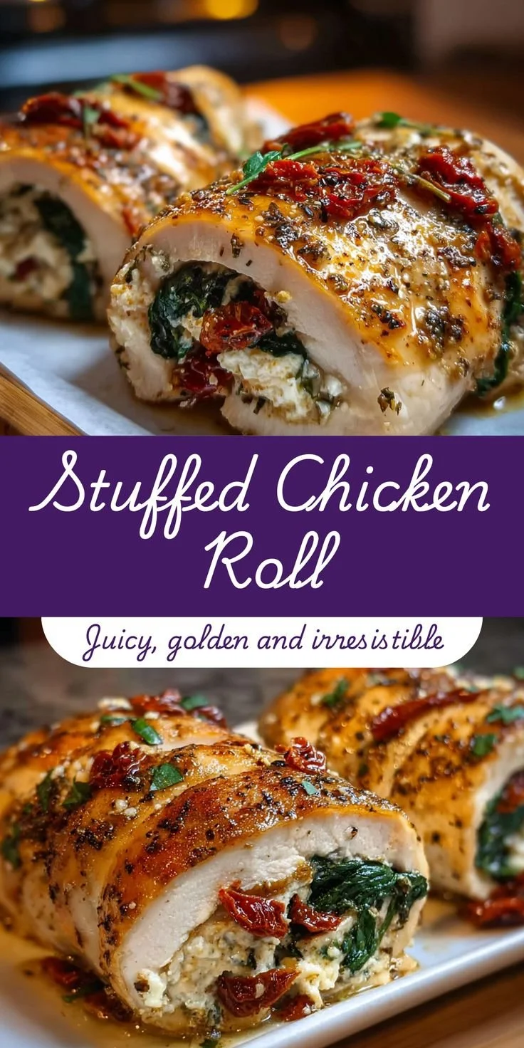 Golden rolled chicken breast stuffed with feta, spinach, and sun-dried tomatoes
