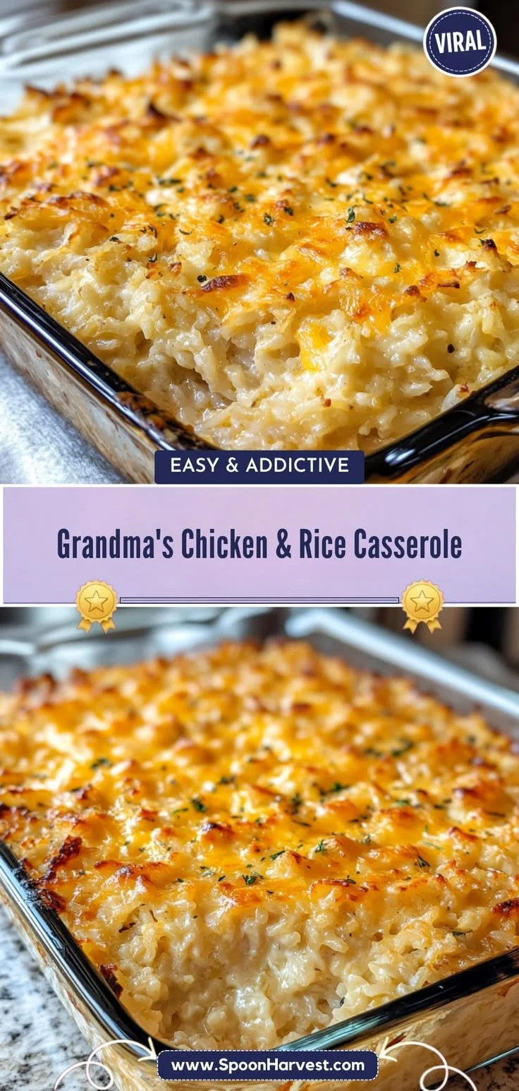 Delicious Grandma's Chicken and Rice Casserole served in a baking dish.