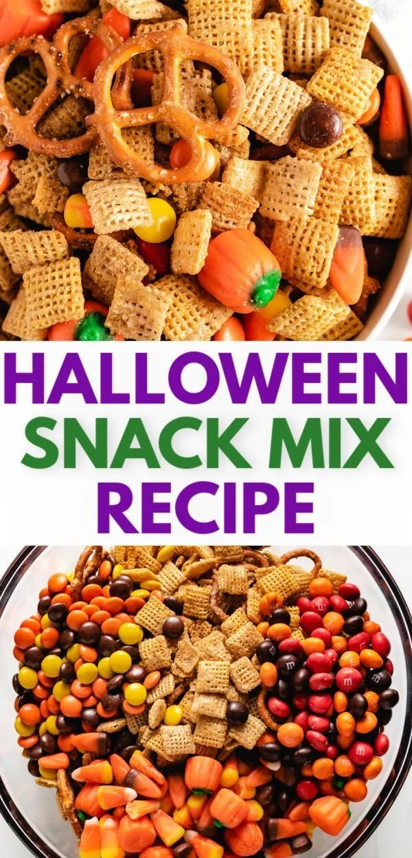 A bowl of colorful Halloween Chex Mix with candy and festive treats