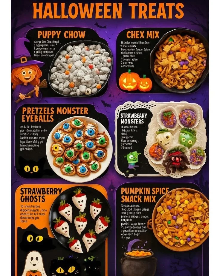 A variety of festive Halloween treats including cupcakes, cookies, and candies.