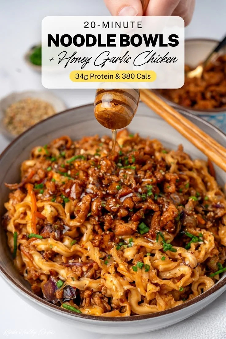 High protein noodle bowls with honey garlic ground chicken and fresh vegetables