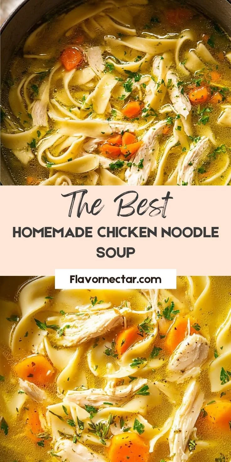 Delicious homemade chicken noodle soup in a bowl with fresh ingredients