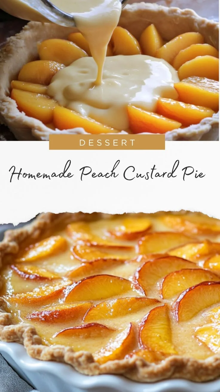 Delicious homemade peach custard pie with fresh peaches and creamy filling