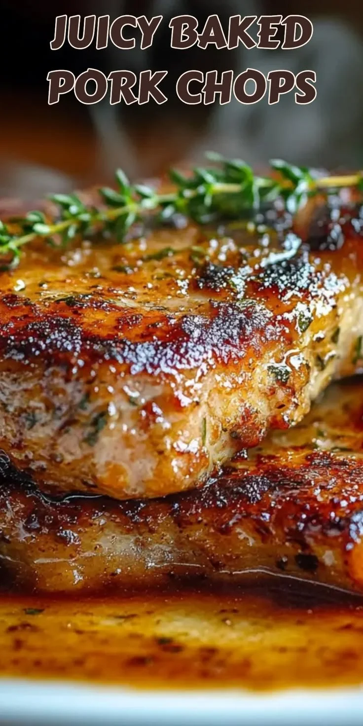 Juicy baked pork chops ready to serve with herbs and spices.