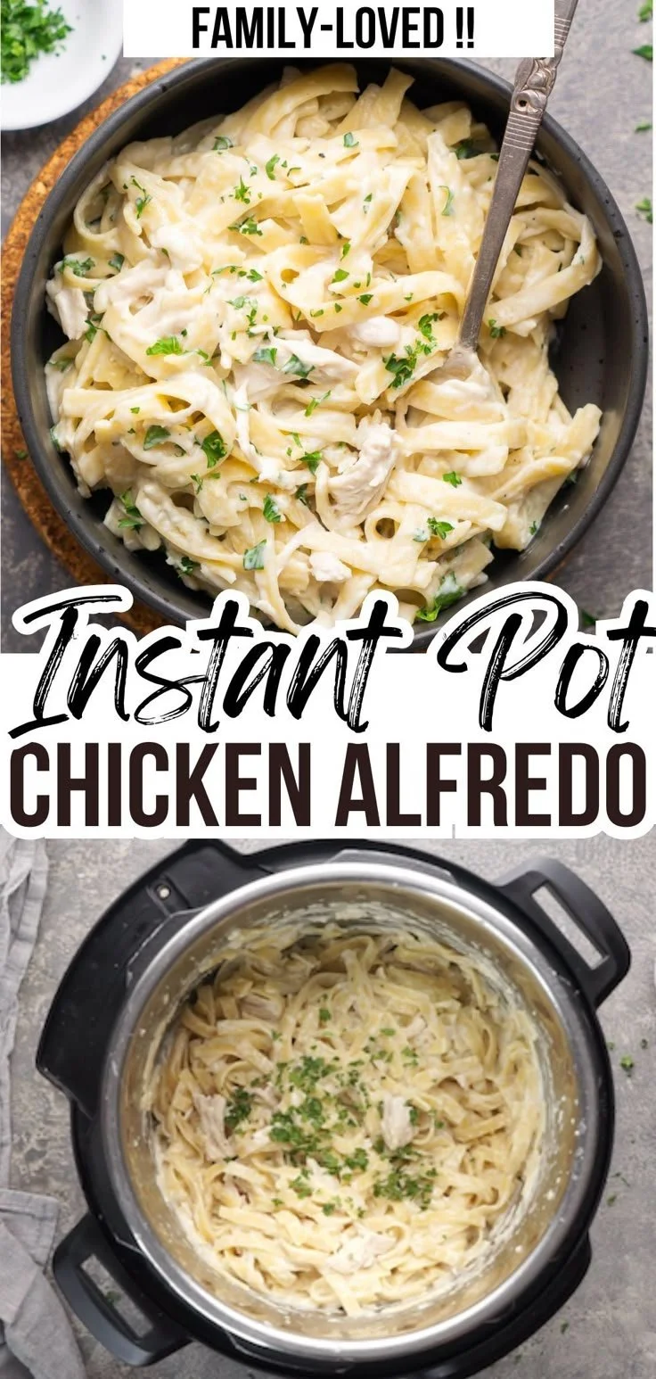 Creamy Instant Pot Chicken Alfredo served on a plate with parsley garnish