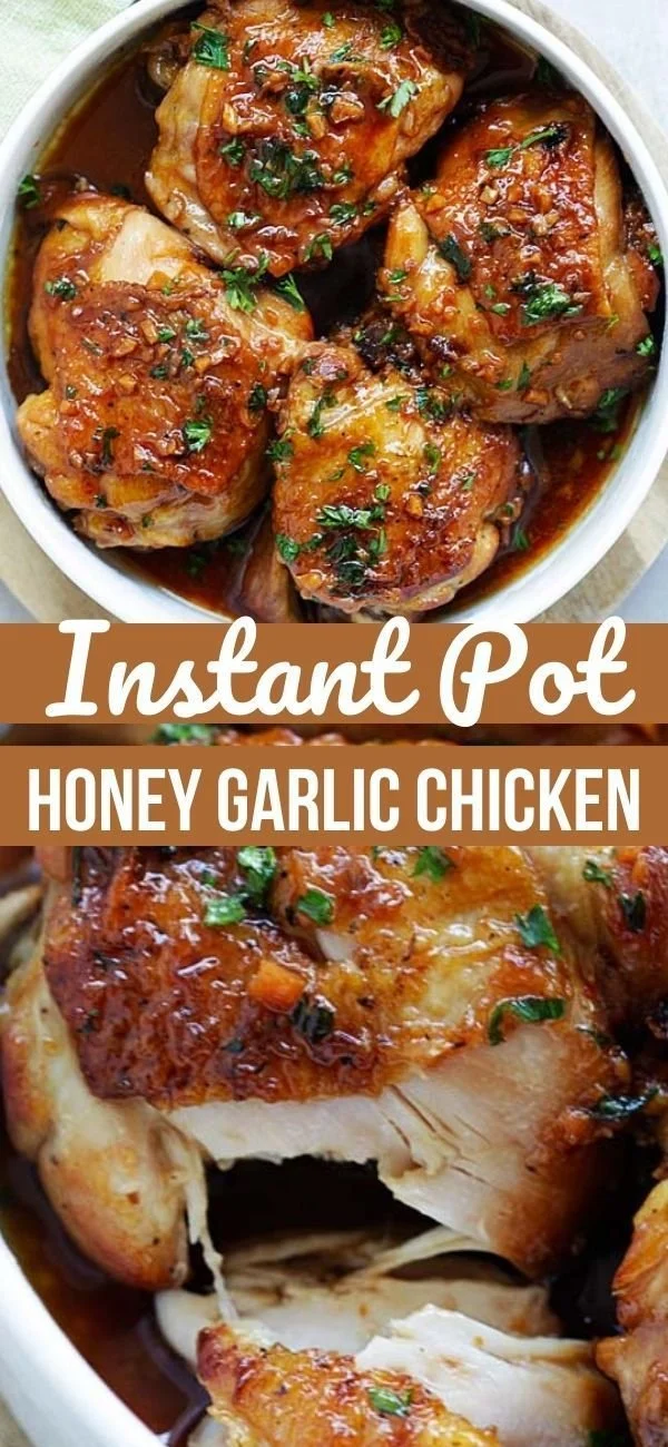 Instant Pot honey garlic chicken served with rice and vegetables