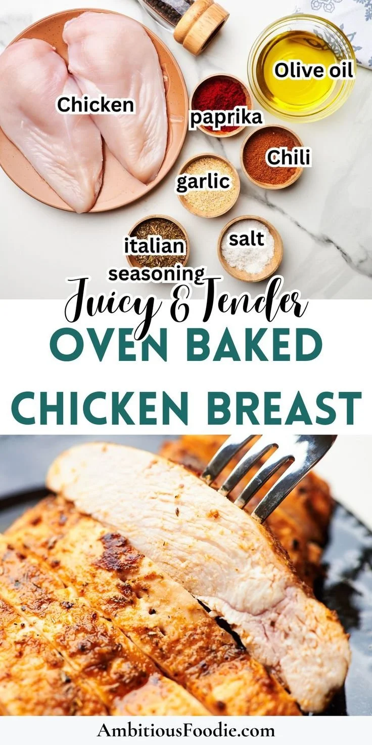 Juicy and tender oven baked chicken breast served on a plate with vegetables