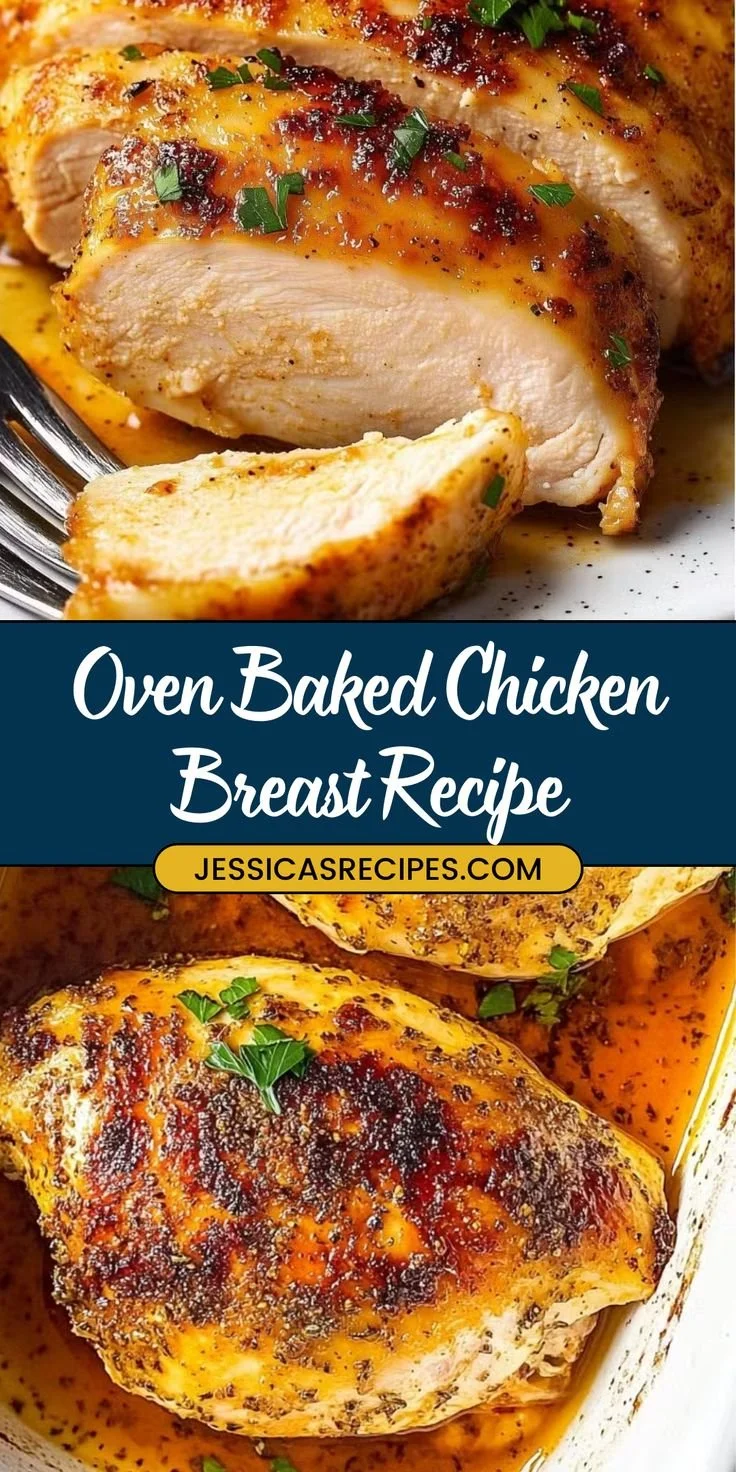 Juicy oven baked chicken breast served on a plate with herbs and spices