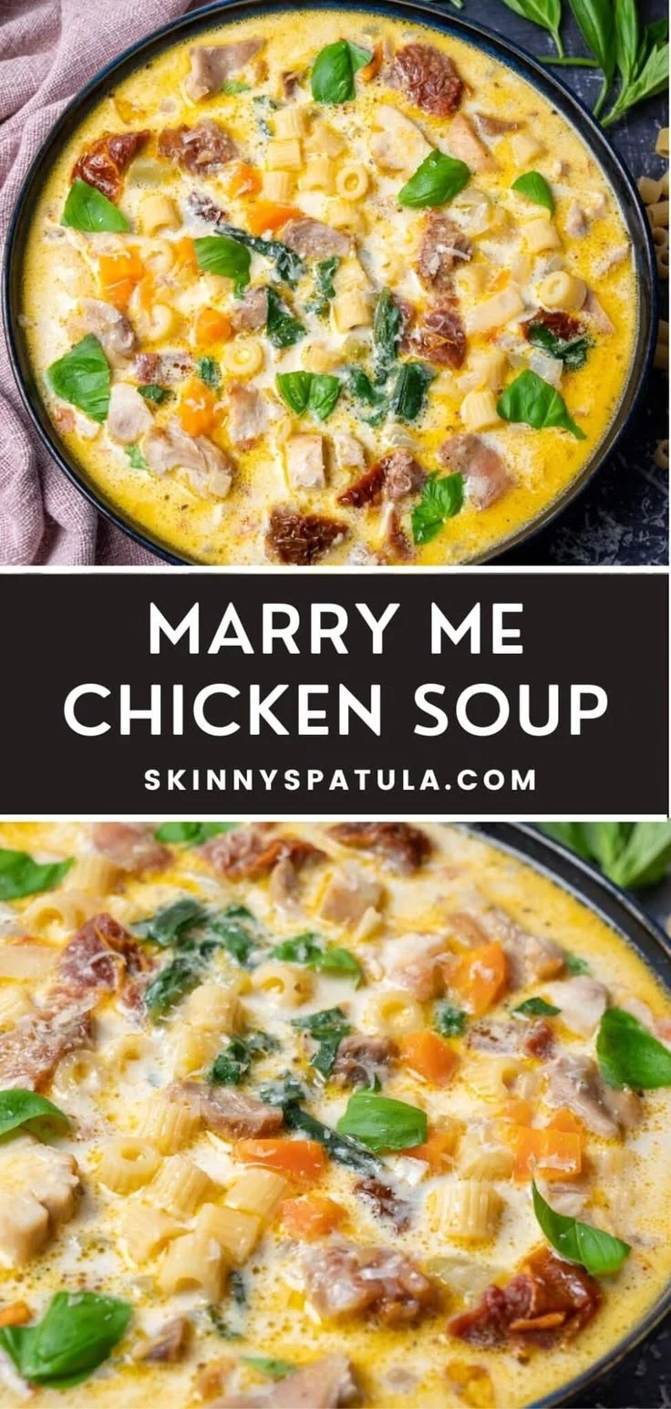 A bowl of Marry Me Chicken Soup garnished with herbs and served with bread.