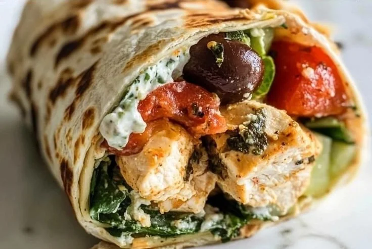 Mediterranean Chicken Wraps with fresh vegetables and herbs