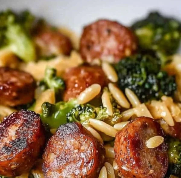 One-Pan Chicken Sausage and Broccoli Orzo dish served in a bowl