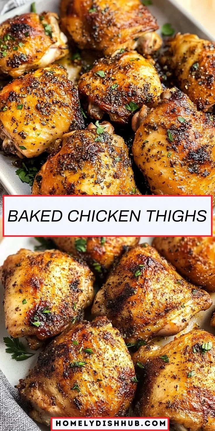 Oven baked chicken thighs seasoned and cooked to perfection on a serving platter.