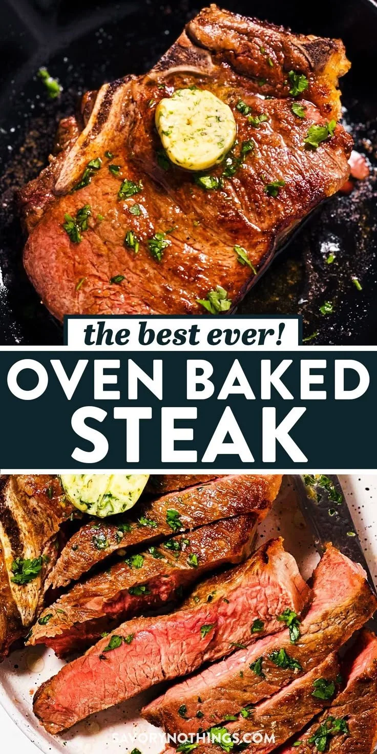 Oven baked steak garnished with herbs on a plate