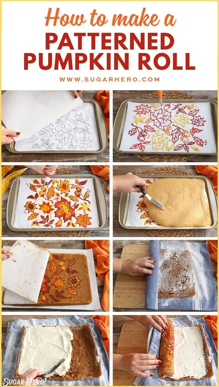 Patterned Pumpkin Roll dessert perfect for Thanksgiving with autumn designs