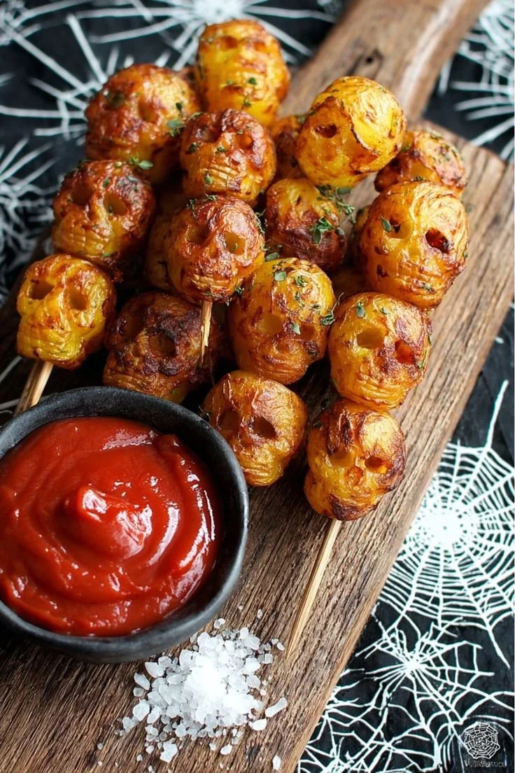 Creative potato skulls designed for Halloween skewers.
