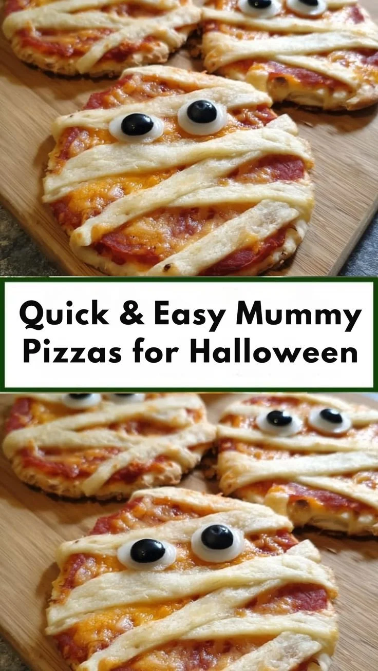 Halloween mummy pizzas decorated with cheese and olives