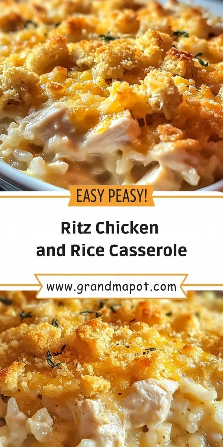 Creamy Ritz Chicken and Rice Casserole served in a baking dish