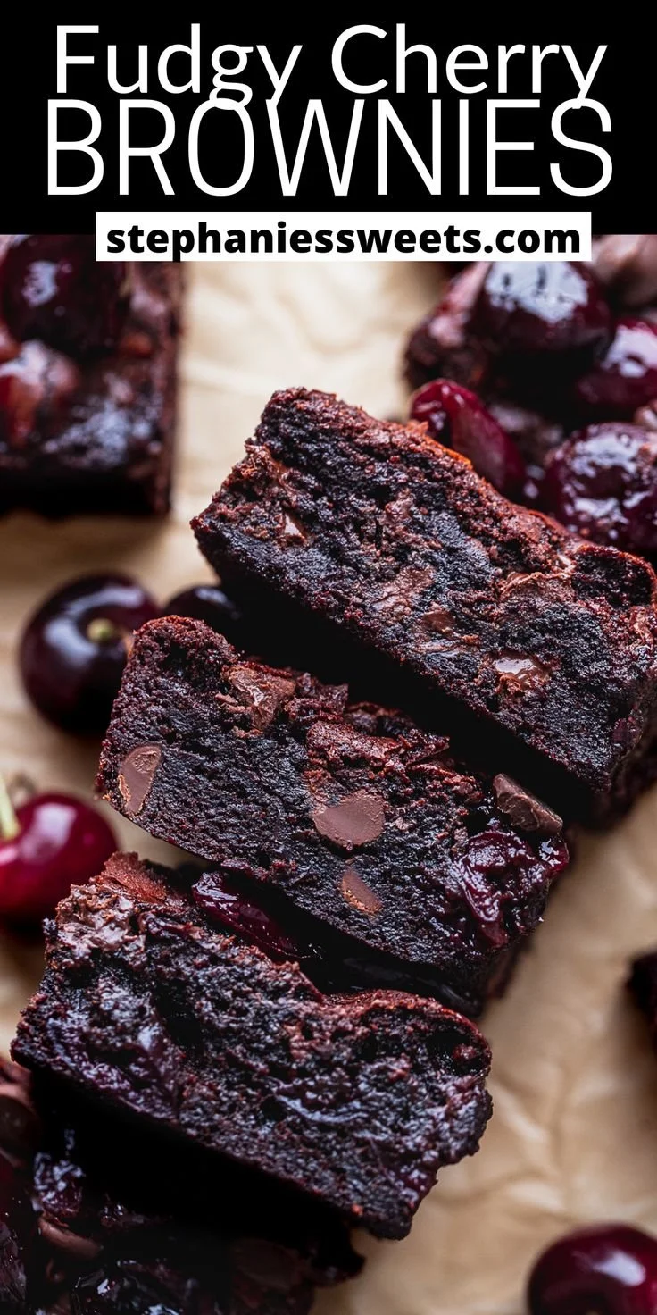 Delicious roasted cherry brownies topped with fresh cherries and chocolate ganache