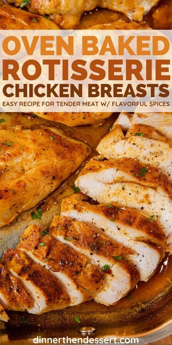 Delicious rotisserie chicken breasts ready to serve with fresh herbs and sides