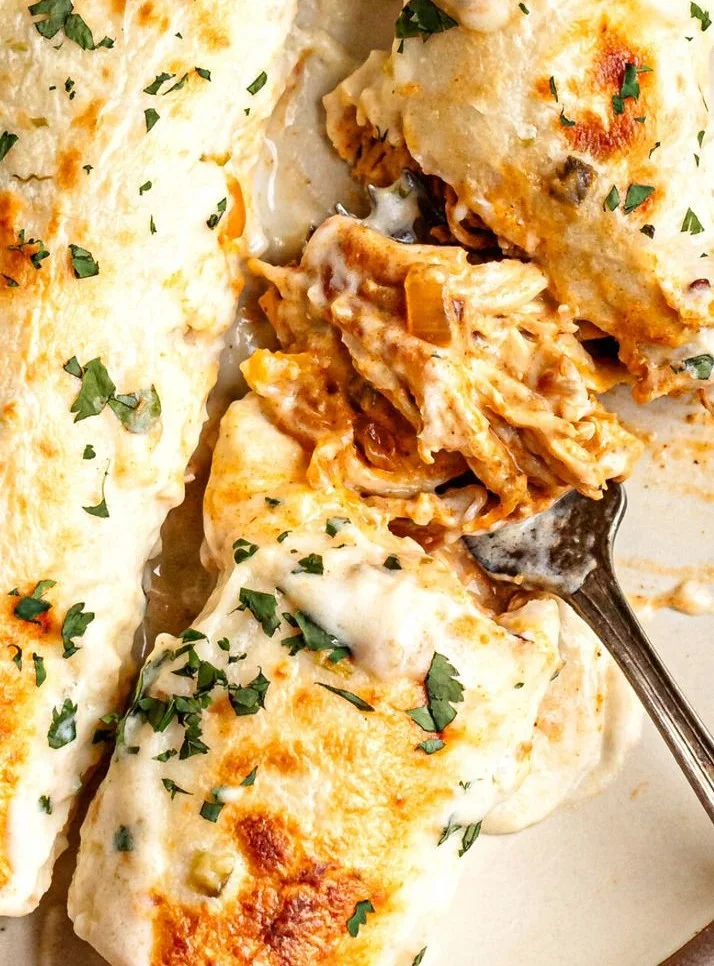 Shredded chicken enchiladas topped with cheesy sour cream sauce on a plate.