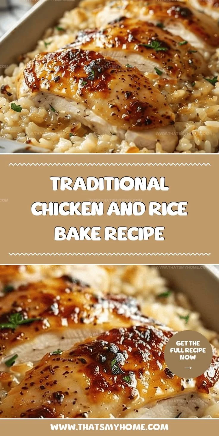 Hearty chicken and rice bake served in a dish, garnished with herbs.