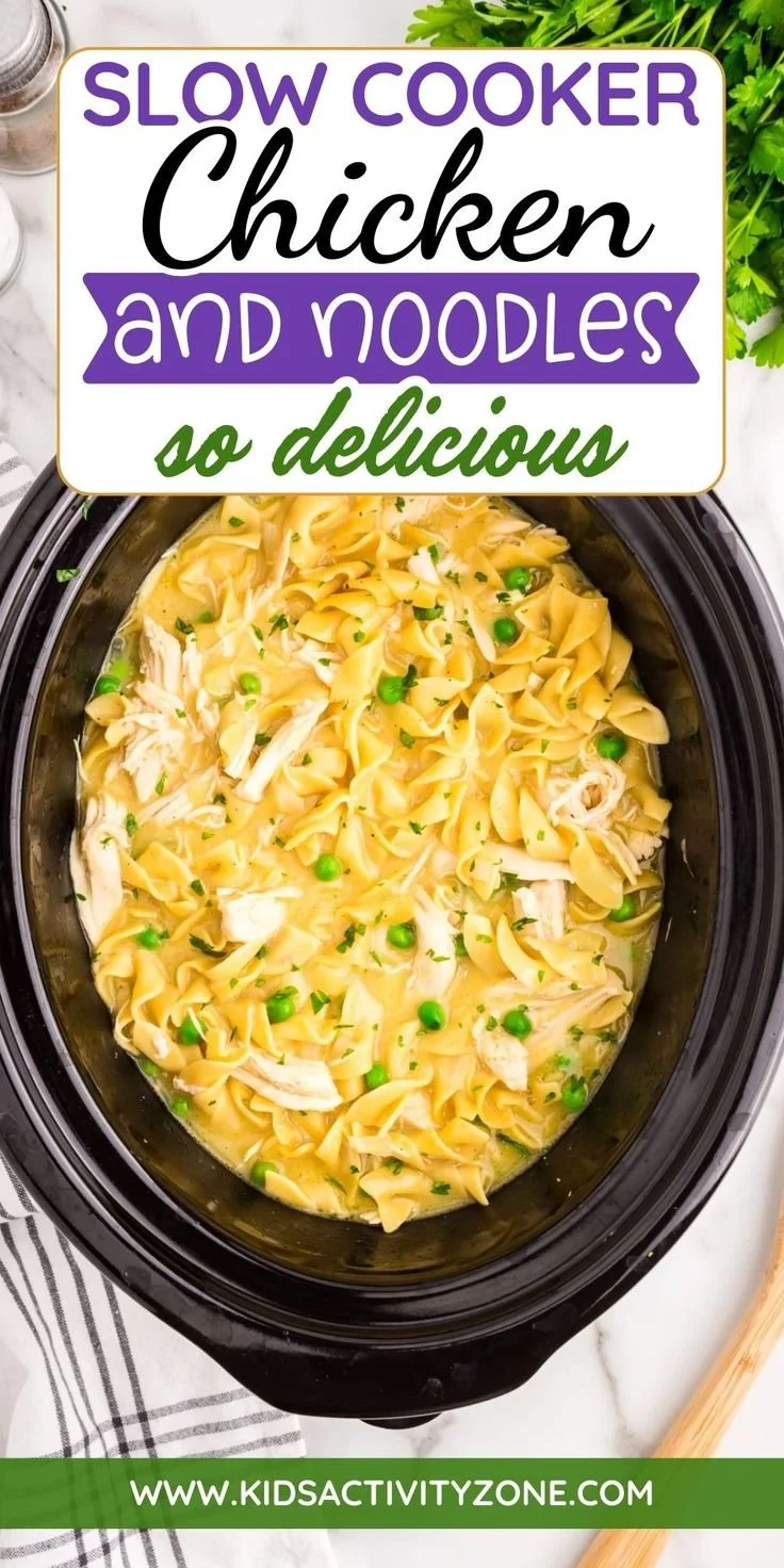 Slow cooker chicken and noodles in a bowl, ideal for a comforting dinner