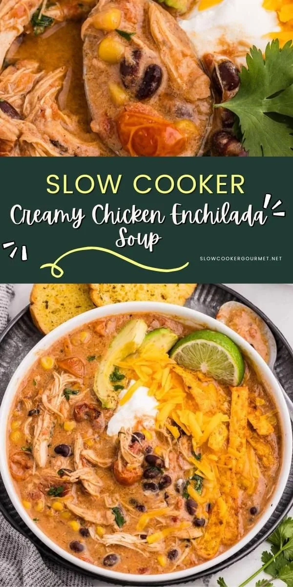 Bowl of slow cooker creamy chicken enchilada soup topped with cheese and cilantro