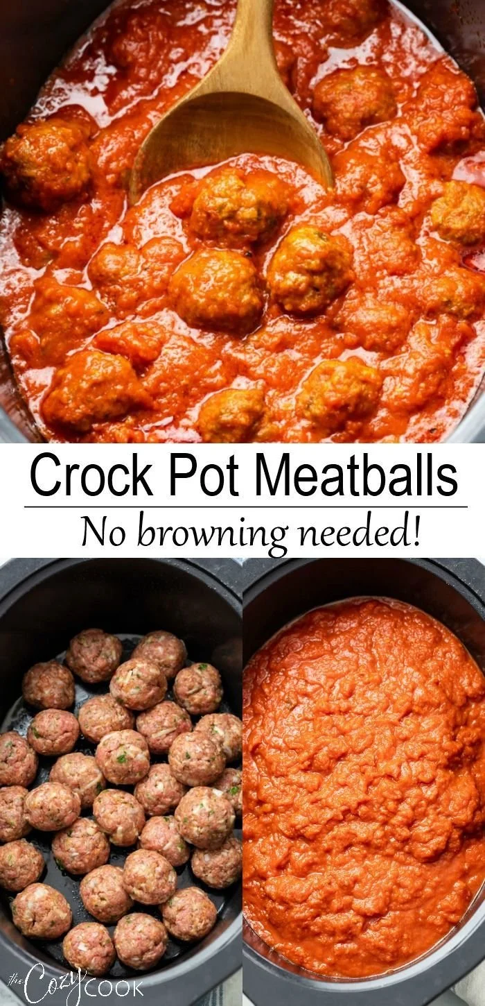 Slow cooker meatballs served with marinara sauce and fresh herbs.