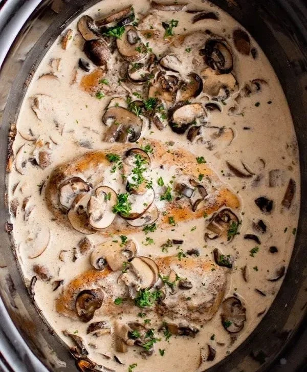 Slow Cooker Mushroom Chicken with creamy mushroom sauce on a plate