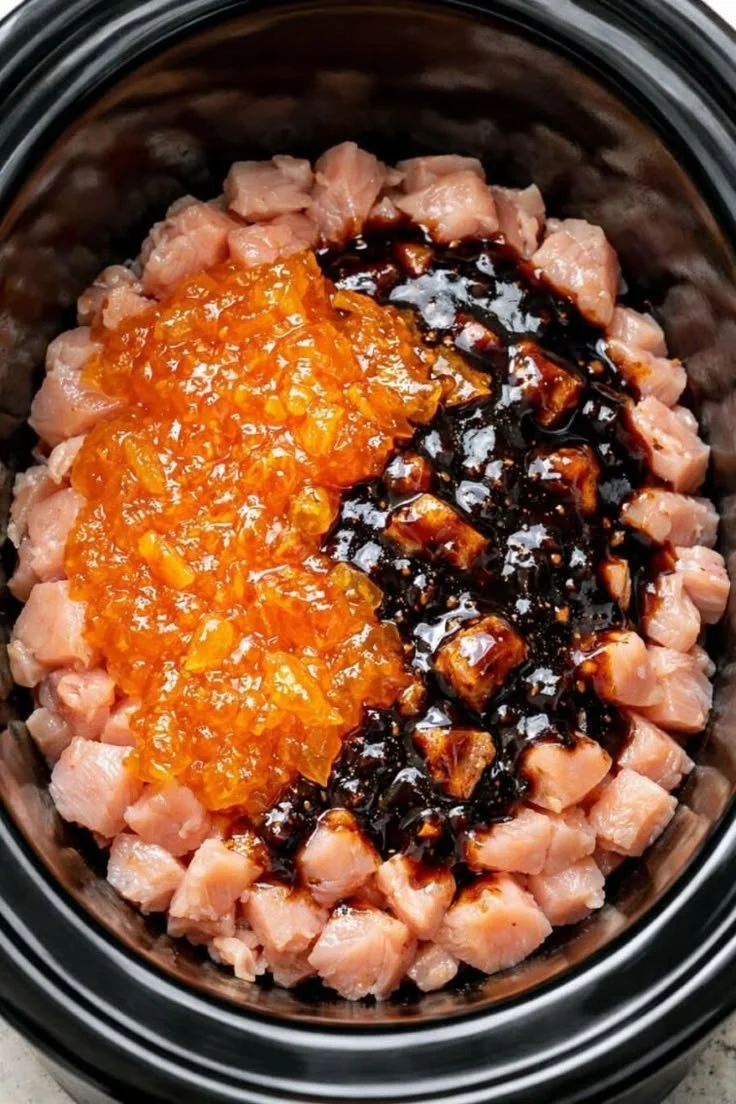 Delicious Slow Cooker Orange Chicken served with rice and garnished with green onions.