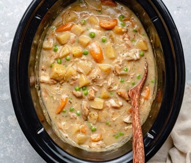 Bowl of slow cooker white wine chicken stew with vegetables and herbs