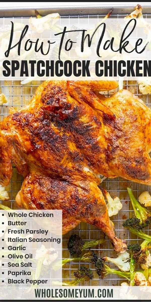 Juicy spatchcock chicken roasted in the oven with herbs and spices.