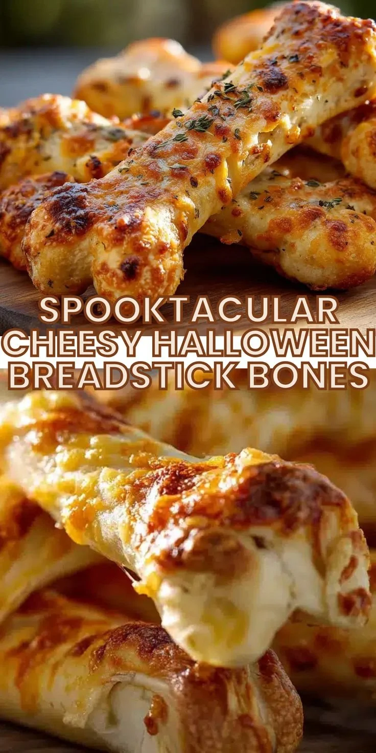 Cheesy Halloween breadstick bones arranged for a festive party snack