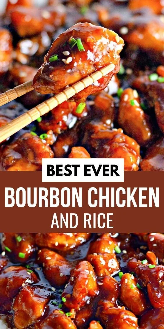 Delicious sticky bourbon chicken served with rice and vegetables