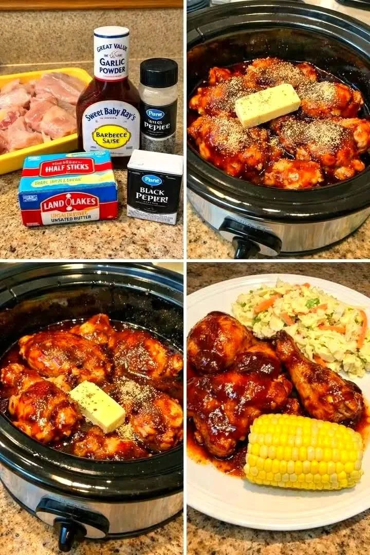 Sweet Baby Rays Crockpot Chicken in a slow cooker ready to serve