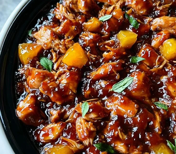 Sweet Hawaiian Crockpot Chicken served in a bowl with colorful vegetables.