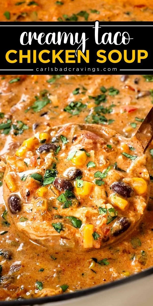 Bowl of savory Taco Chicken Soup topped with cilantro and tortilla strips