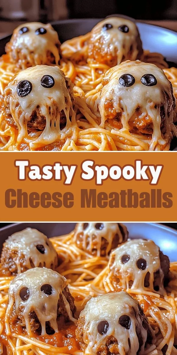 Delicious spooky cheese meatballs served on a platter for Halloween.