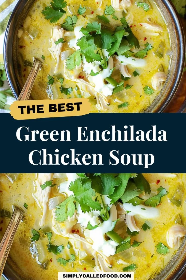 Bowl of green enchilada chicken soup topped with cilantro and avocado