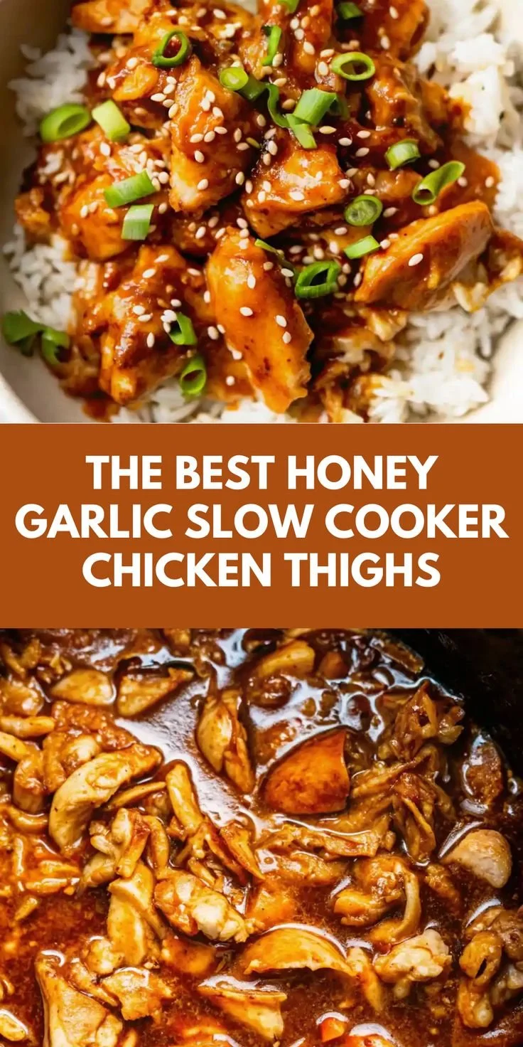 Delicious honey garlic chicken thighs cooked in a slow cooker.