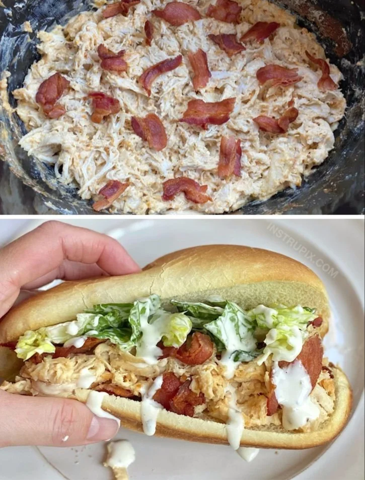Delicious slow cooker shredded chicken sandwich served with fresh toppings