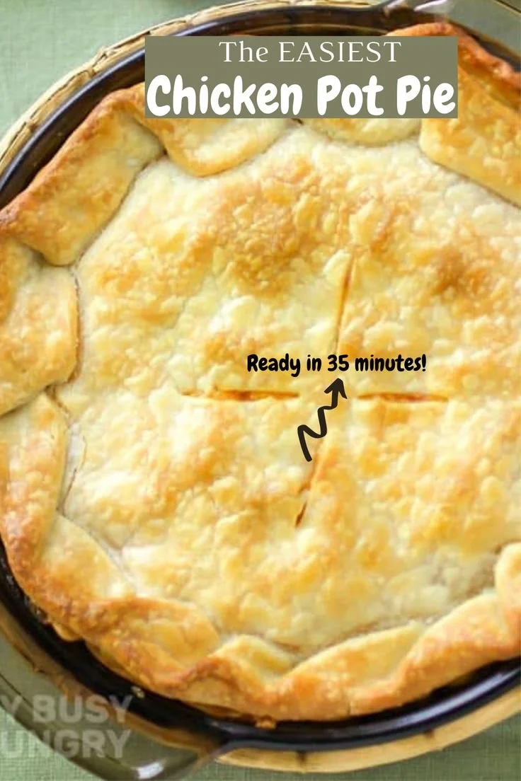 Easy chicken pot pie served in a rustic dish