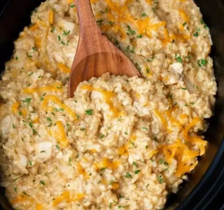 Creamy chicken and rice dish cooked in a slow cooker
