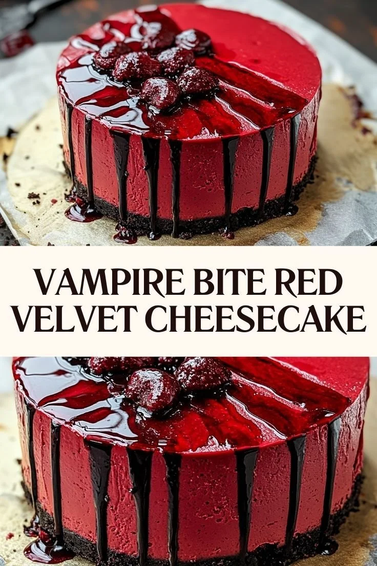 Vampire Bite Red Velvet Cheesecake with spooky decorations and rich red color