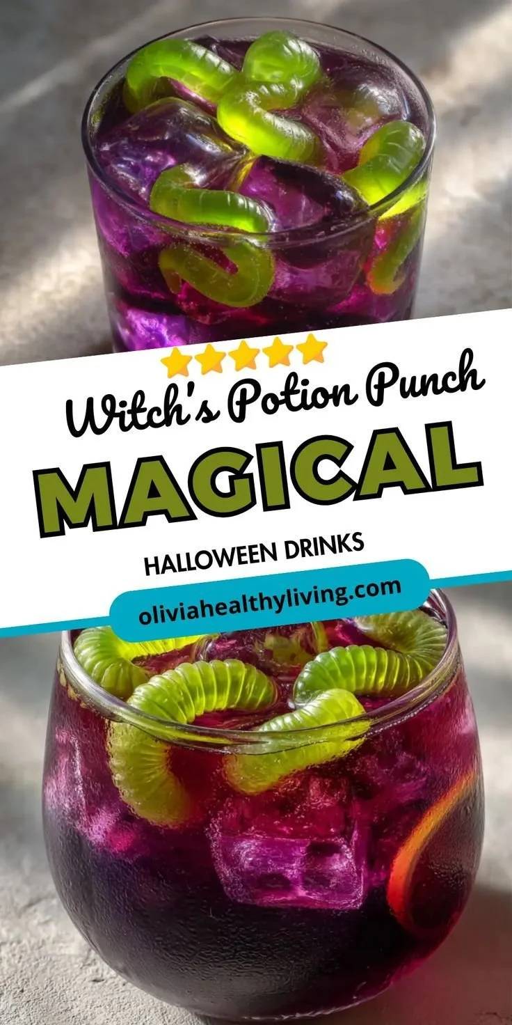 Witch's Potion Punch in a cauldron surrounded by Halloween decorations.