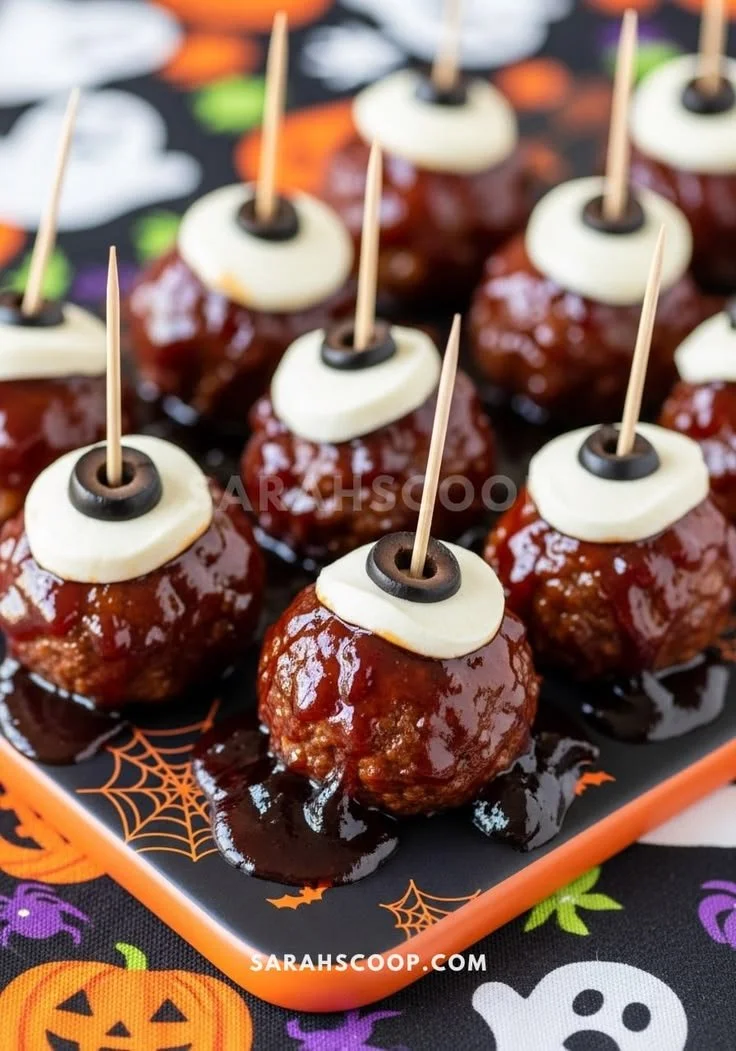 Assorted Halloween appetizers for spooky parties, including themed treats