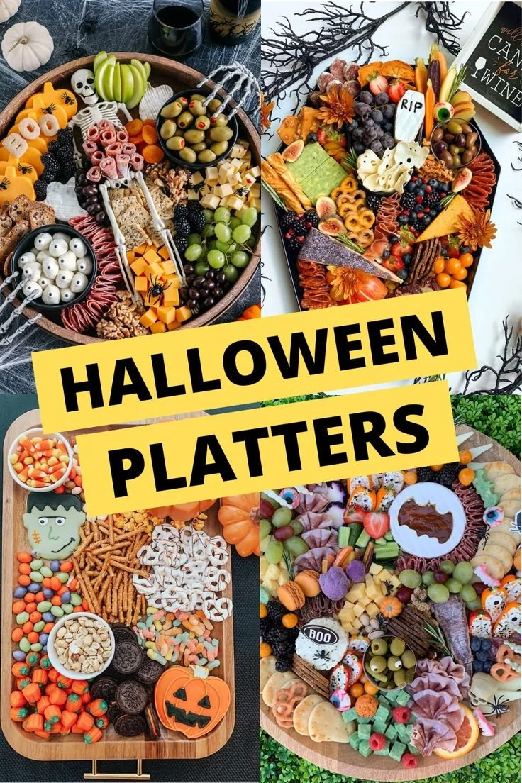 Spooky Halloween charcuterie boards featuring Halloween-themed snacks and decor.