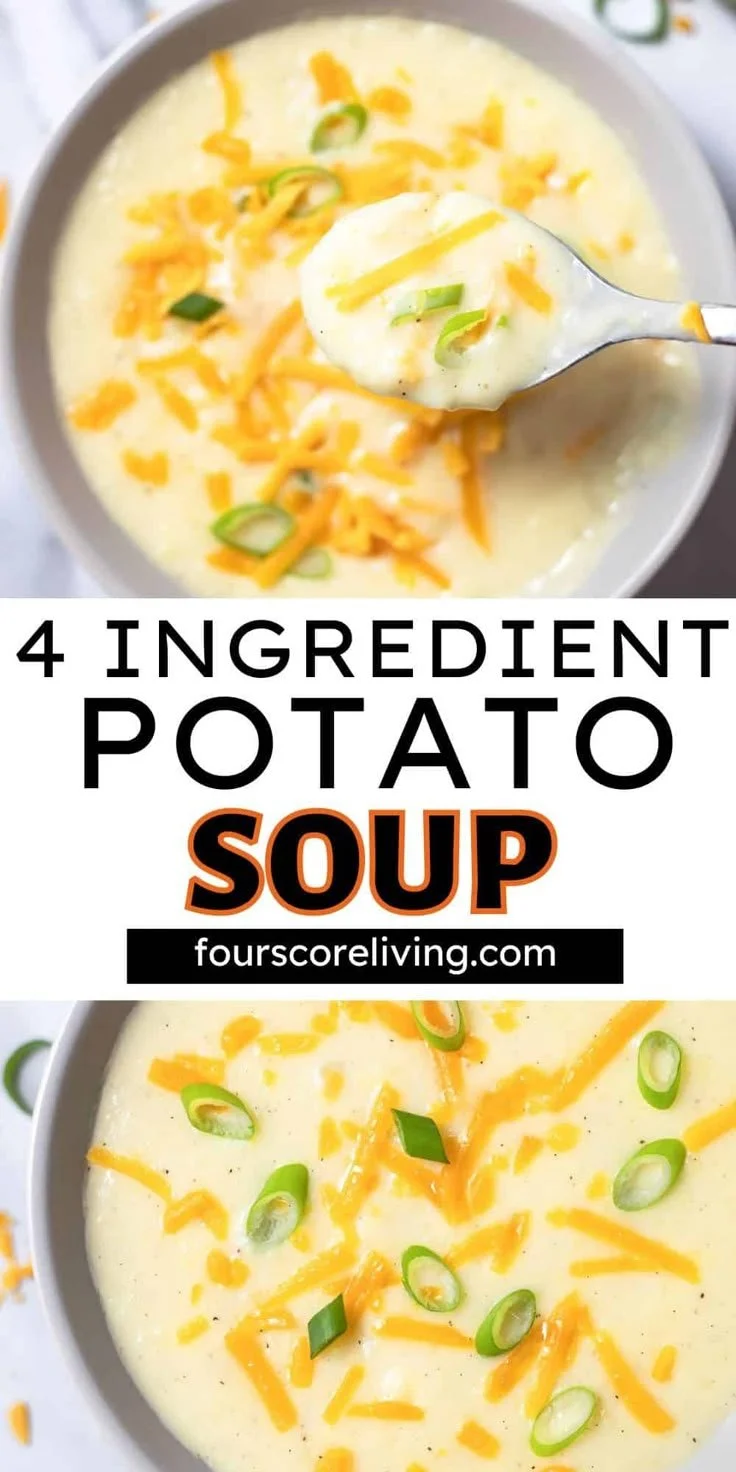 Delicious 4 ingredient potato soup in a bowl, garnished with herbs.