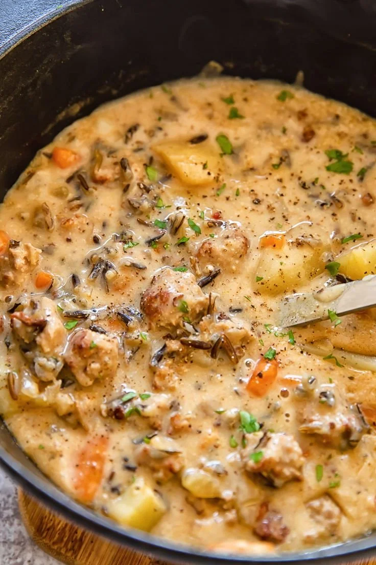 Creamy potato and sausage chowder served in a bowl, perfect for cold weather.